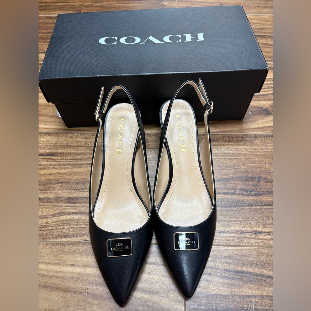 Coach Jillian slingback black leather Heels with gold logo plate, Size 7, new